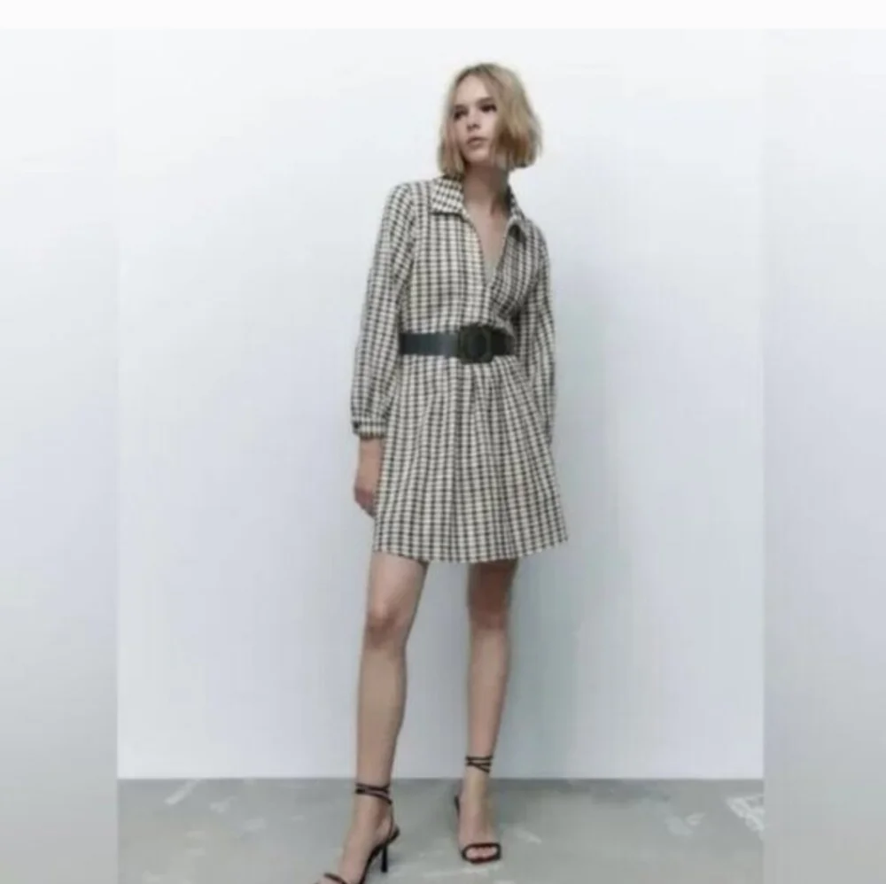 Zara Black & Cream Checked Mini Shirt Dress with Waist Belt Size XS NWT
